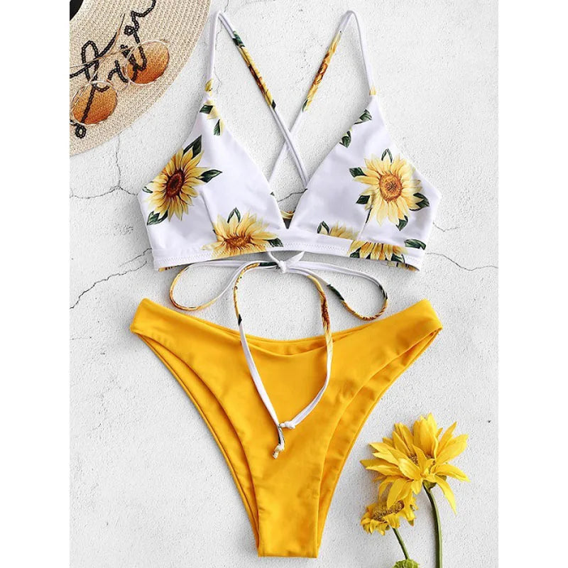 Sunflower Printed Bikini Set Sexy Swimwear Women 2025