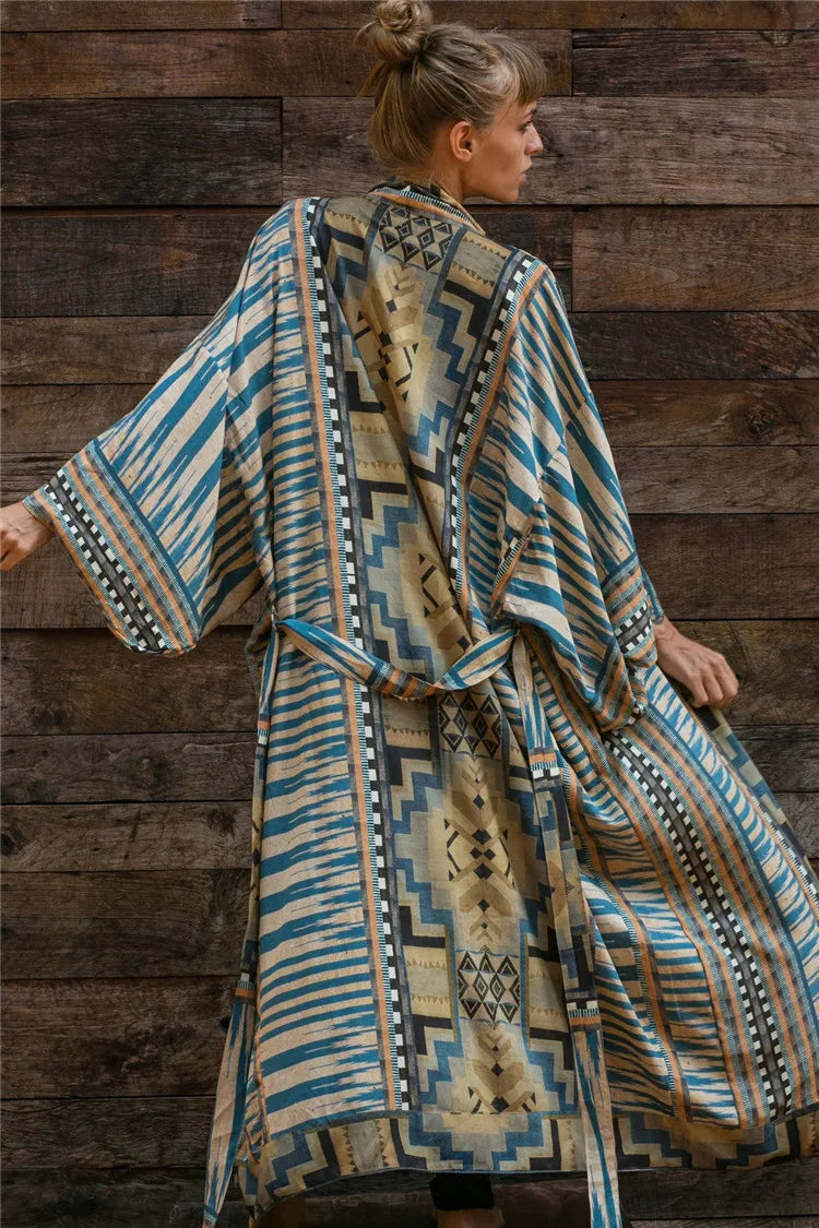 Beach Cover Up Over Sized Print Rayon Kimonos with Belt for Summer