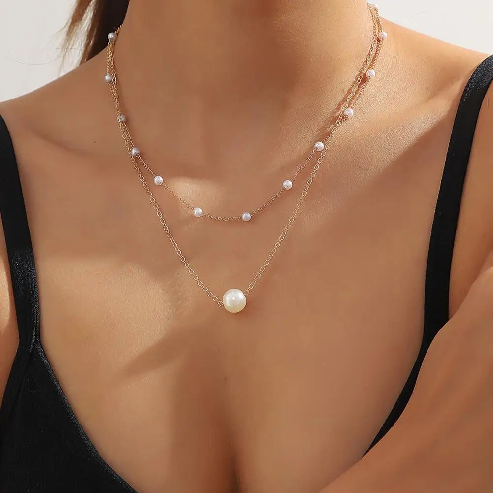 Women Necklace Faux Pearl Decor Heart Pendant Metal Chain Necklace Double-layered Clavicle Necklace Daily Party Neck Jewelry