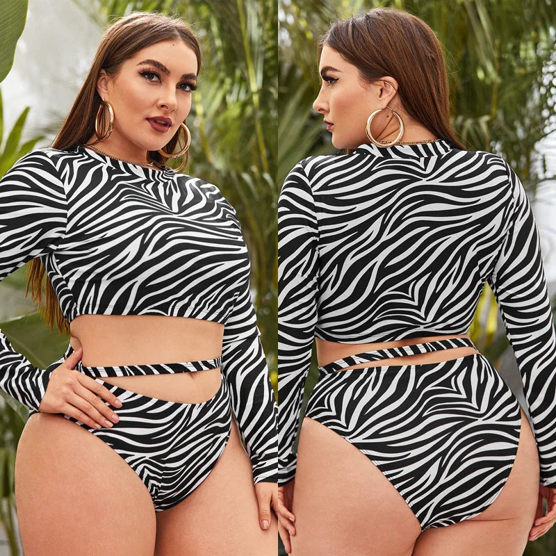 2025 Print 2 Piece Plus Size Bikini Set Women Long Sleeves