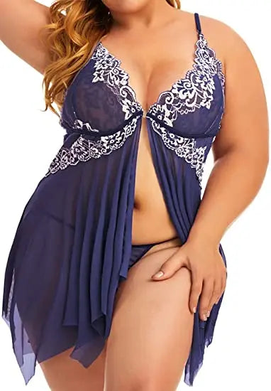 Plus Size Lingerie for Women Sleepwear Set Lace Babydoll Chemise V Neck