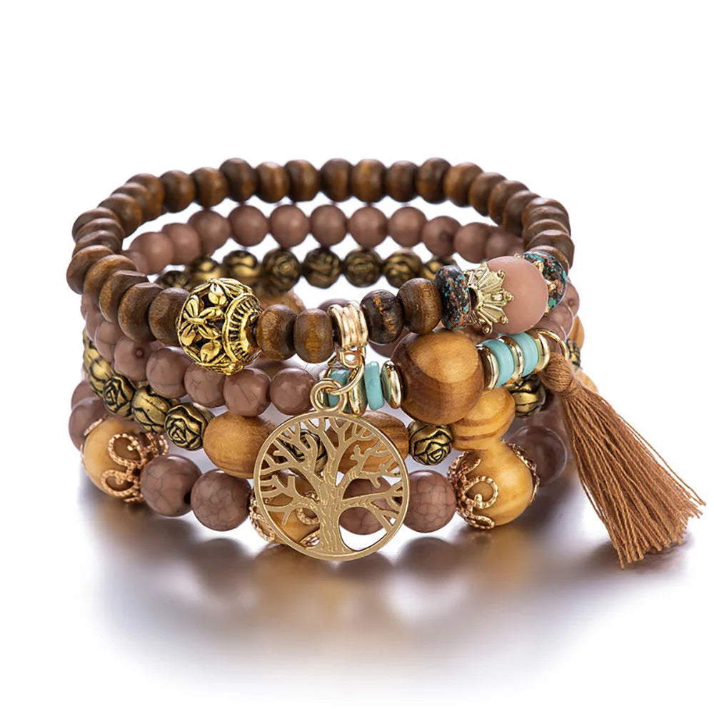 4Pcs/Set Boho Wooden Beaded Bracelet Set For Women