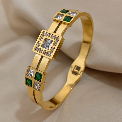 Luxury Royal Emerald Green White Zircon Stainless Steel