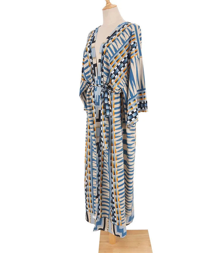 Beach Cover Up Over Sized Print Rayon Kimonos with Belt for Summer