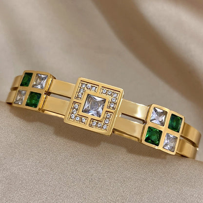 Luxury Royal Emerald Green White Zircon Stainless Steel