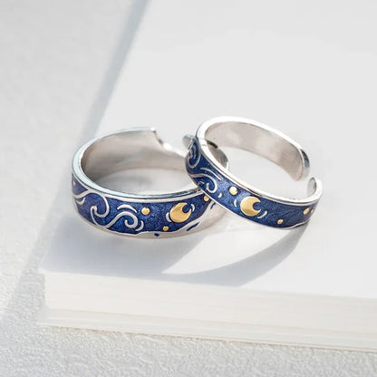 1/2pcs Romantic Van Gogh Starry Sky Rings Lover Couple Personality Openning Finger Ring Men Women