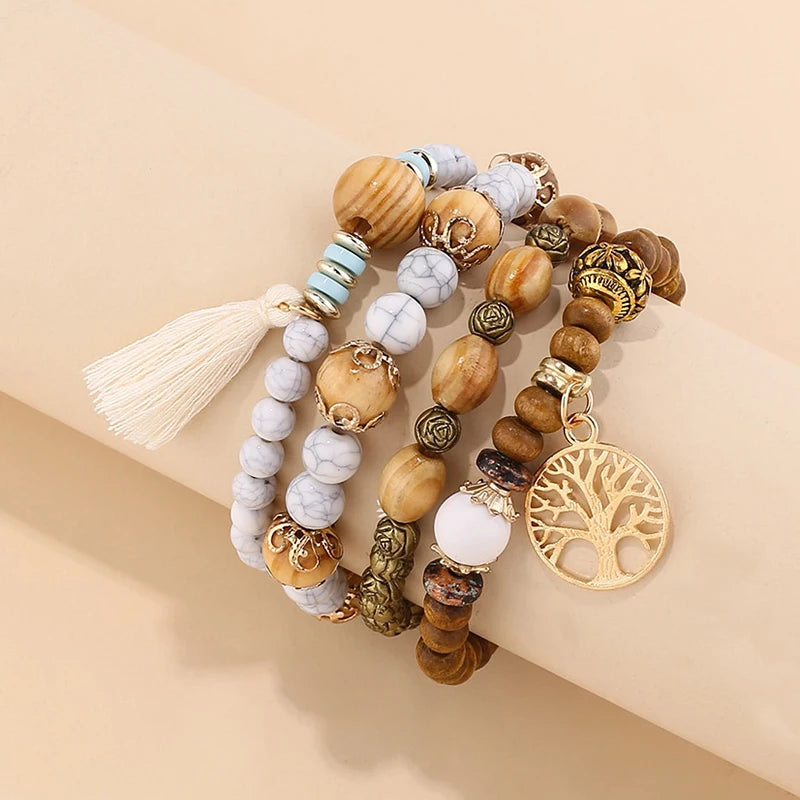 4Pcs/Set Boho Wooden Beaded Bracelet Set For Women