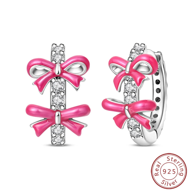 925 Sterling Silver Romantic Pink Bow Earrings