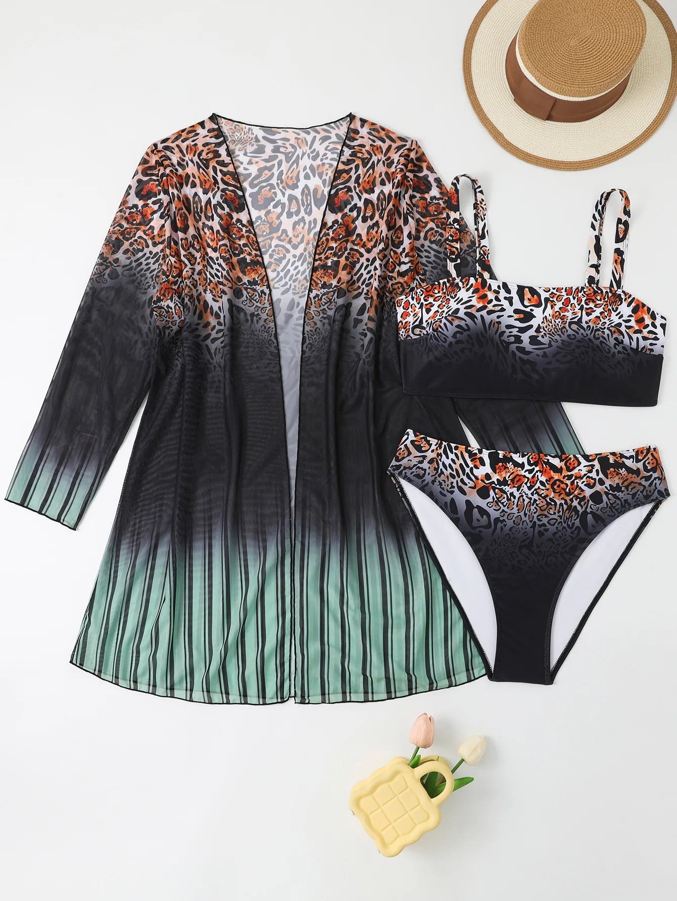 2025 Print 3 Piece Mesh Cove Up Plus Size Bikini