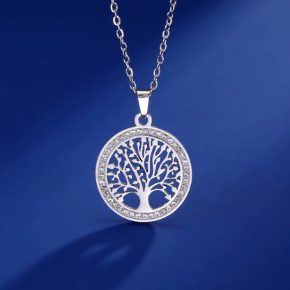 Skyrim Tree of Life Necklace for Women Stainless Steel Gold Color Clear Zircon Round Pendant Neck Chains