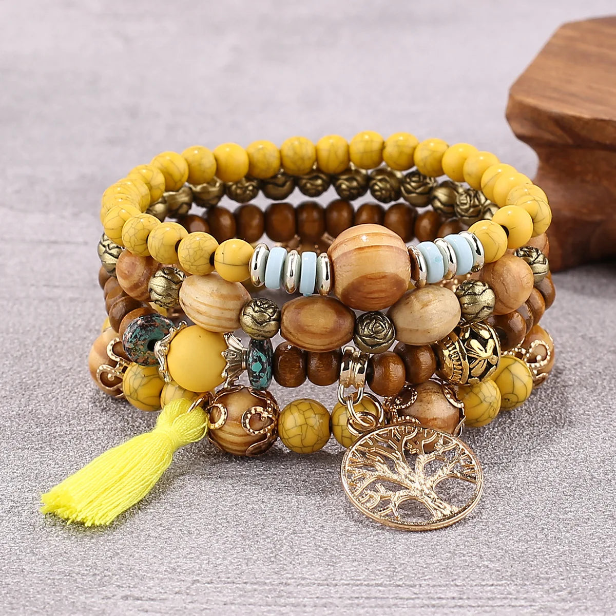 4Pcs/Set Boho Wooden Beaded Bracelet Set For Women