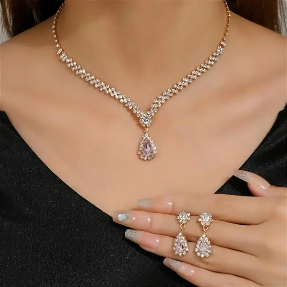 2pcs/set  Women Elegant Waterdrop Rhinestone Pendant Necklace stud Earrings Wedding Dress Bridal Jewelry Set