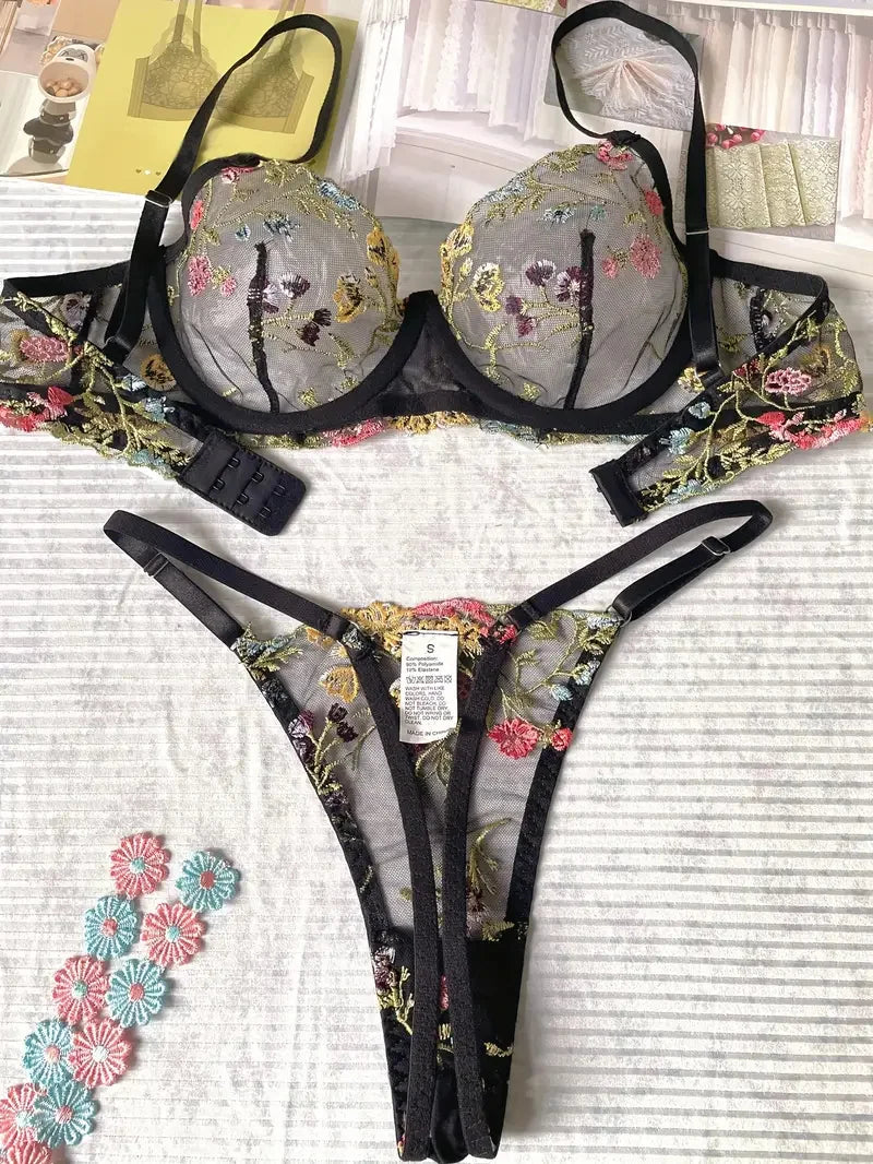 Lingerie Set Women Sheer 2-Piece Boho Bra + Panty Underwear Set Intimates