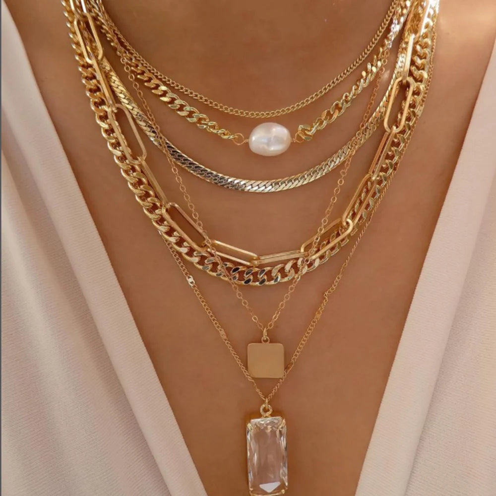 New Gold Color Multiple Styles Necklace For Women Boho Trendy Multi-Layer Crystal Pendant Necklaces Set Jewelry Gifts