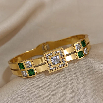 Luxury Royal Emerald Green White Zircon Stainless Steel