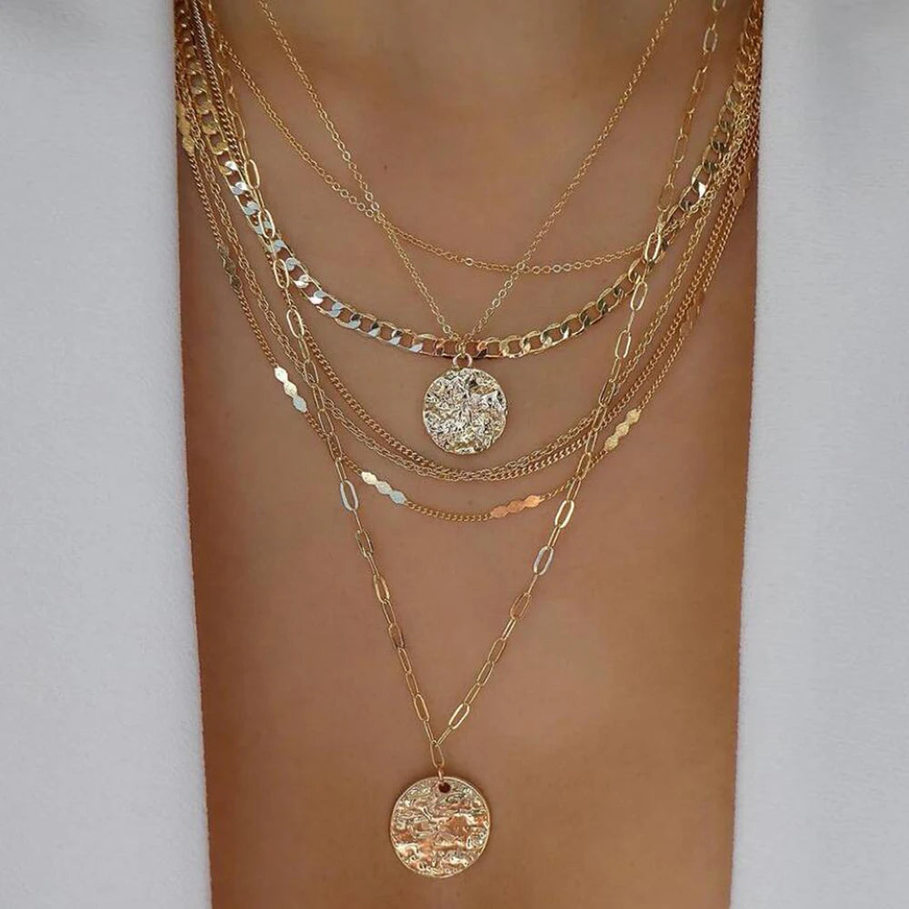 New Gold Color Multiple Styles Necklace For Women Boho Trendy Multi-Layer Crystal Pendant Necklaces Set Jewelry Gifts