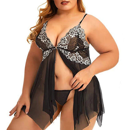 Plus Size Lingerie for Women Sleepwear Set Lace Babydoll Chemise V Neck