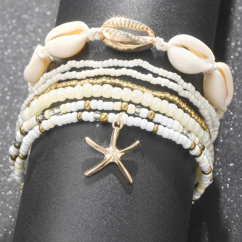 7pc/set Bohemian Rice Beads Starfish Pendant Anklet Set