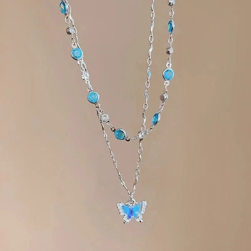 Romantic Blue Crystal Butterfly Necklace for Women Girls Simple Shiny Zircon Bilayer Choker