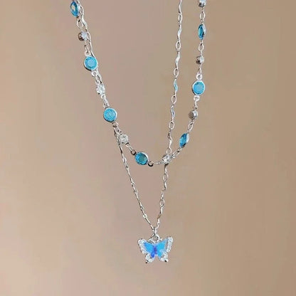 Romantic Blue Crystal Butterfly Necklace for Women Girls Simple Shiny Zircon Bilayer Choker