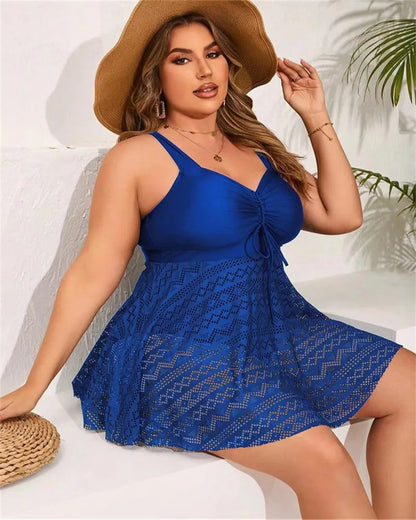 2025 Lace Patchwork Plus Size Swimwear Women Solid Strapped Large One Piece