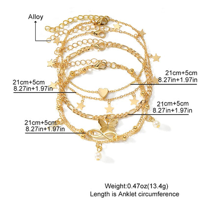 Exquisite Metal Butterfly Star Heart Pendant Anklets Set