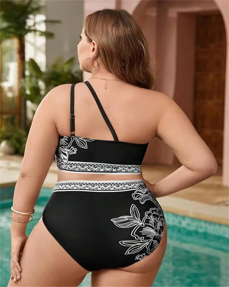 2025 Print One-shoulder Two Piece Plus Size Bikini Women High Waist