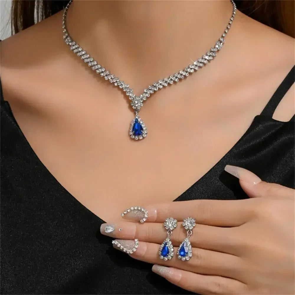 2pcs/set  Women Elegant Waterdrop Rhinestone Pendant Necklace stud Earrings Wedding Dress Bridal Jewelry Set