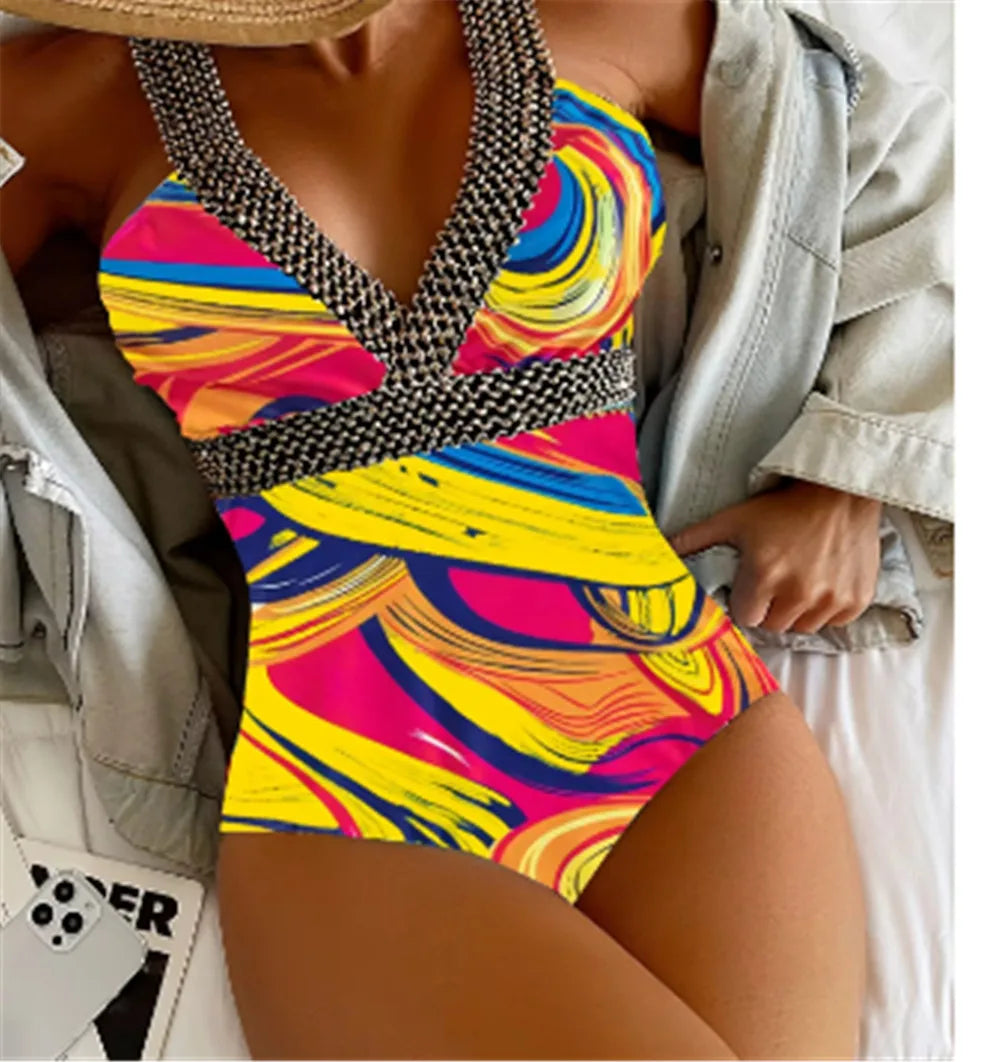 2025 Sexy Print Strapped Swimwear Women Push UP One Piece Swimsuit