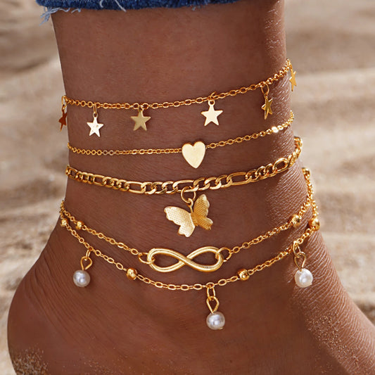 Exquisite Metal Butterfly Star Heart Pendant Anklets Set