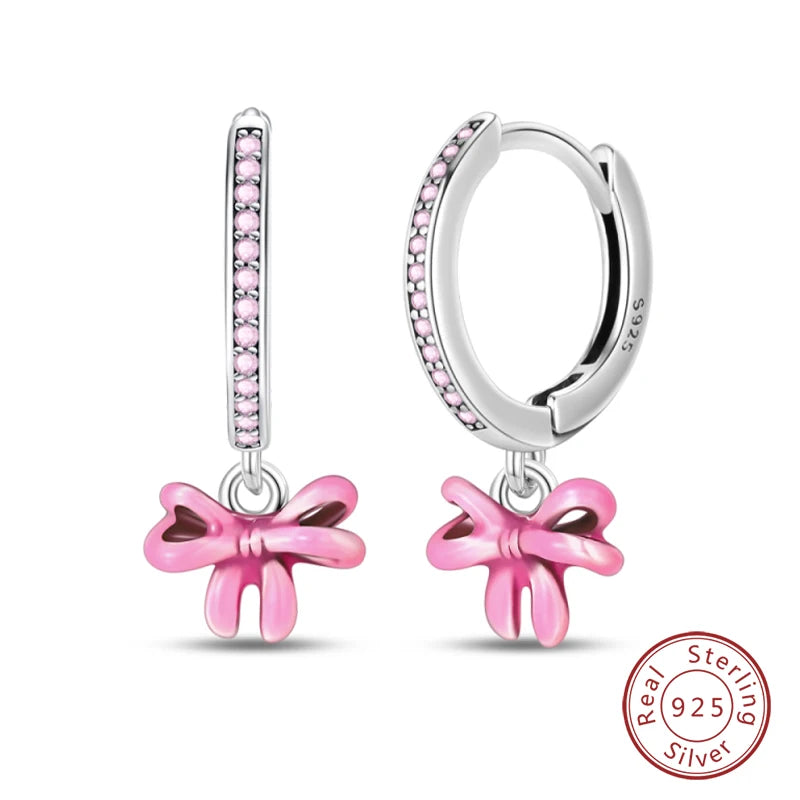 925 Sterling Silver Romantic Pink Bow Earrings