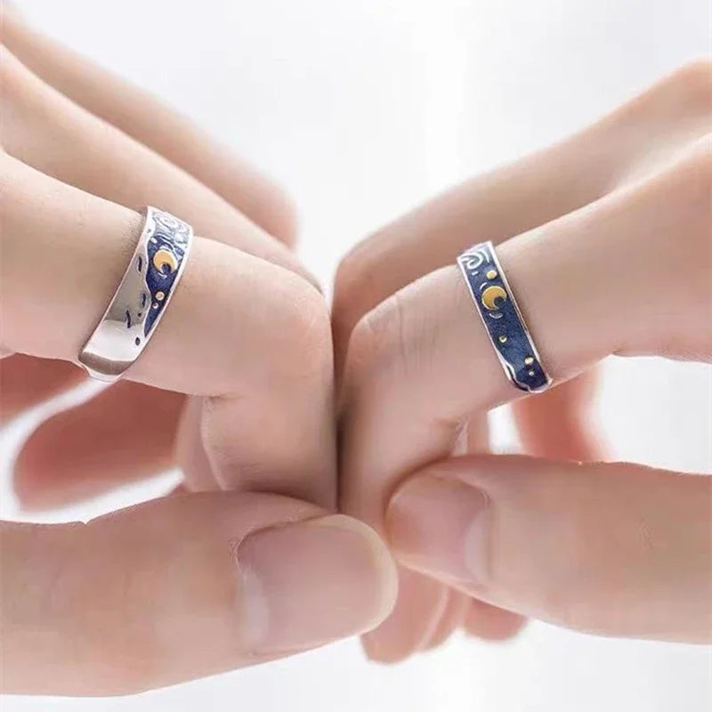 1/2pcs Romantic Van Gogh Starry Sky Rings Lover Couple Personality Openning Finger Ring Men Women