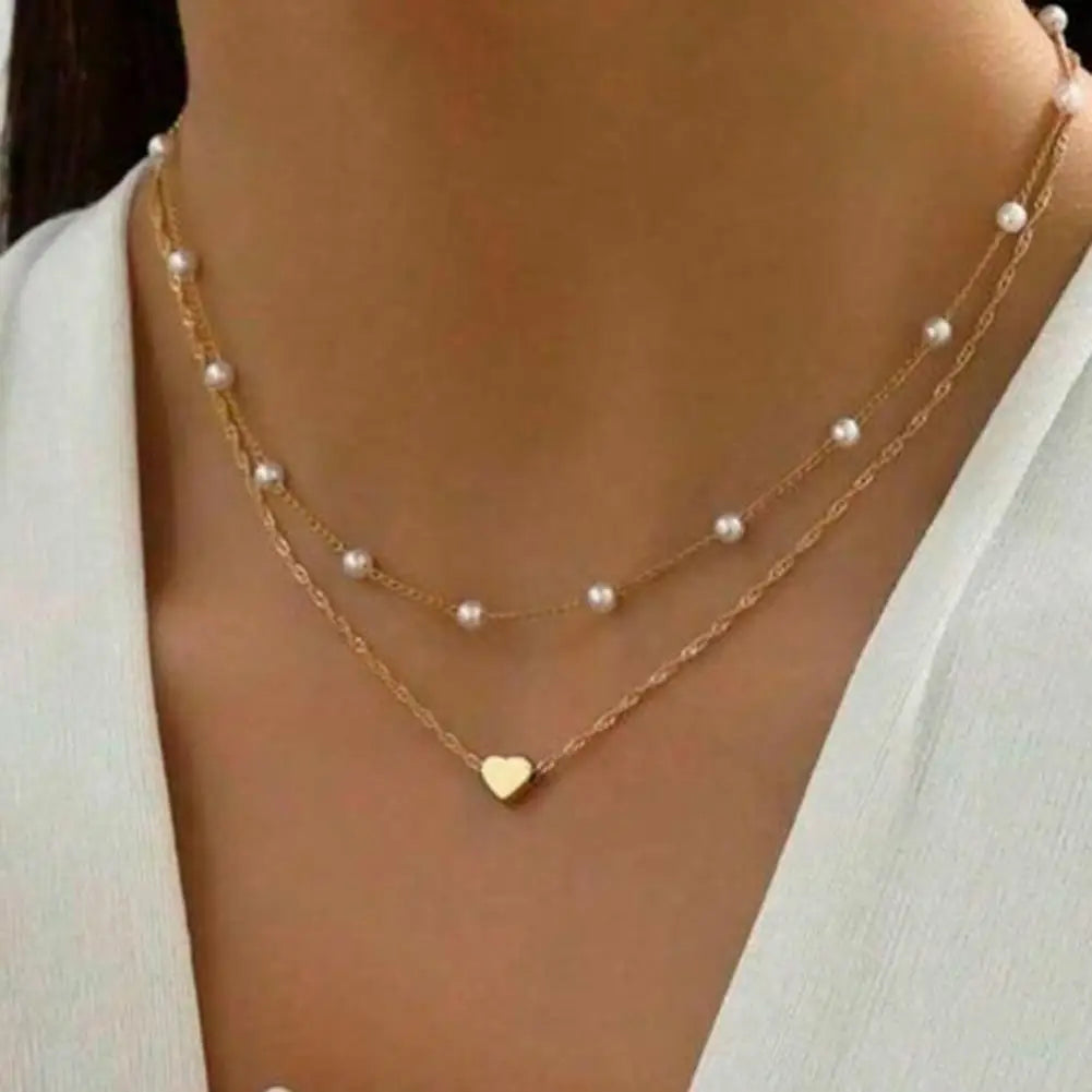 Women Necklace Faux Pearl Decor Heart Pendant Metal Chain Necklace Double-layered Clavicle Necklace Daily Party Neck Jewelry