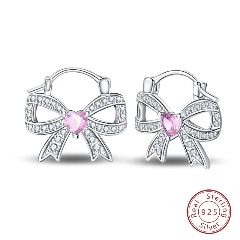 925 Sterling Silver Romantic Pink Bow Earrings