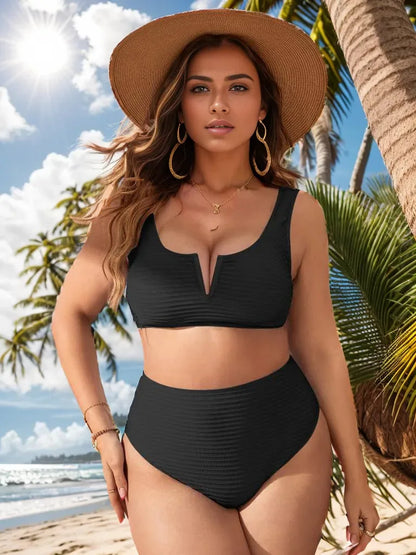 2025 Solid 2 Piece Plus Size Bikini Set Women High Waist Large Swimsuit