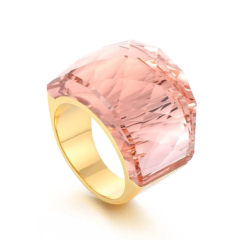 French Crystal Glass Stone Large Ring for Women Girl Gold Silver Color Stainless Steel