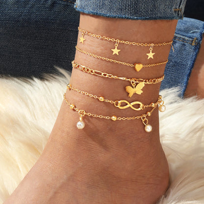 Exquisite Metal Butterfly Star Heart Pendant Anklets Set