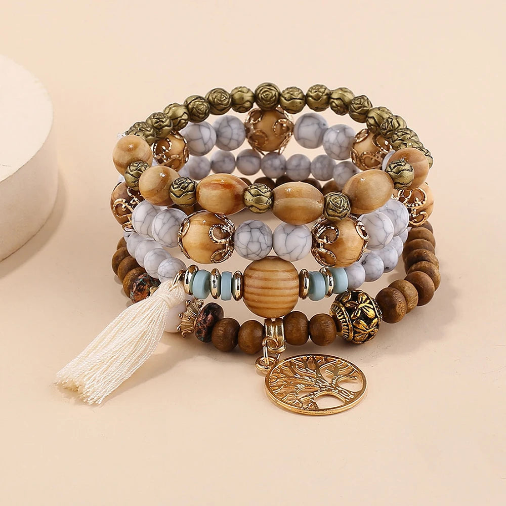 4Pcs/Set Boho Wooden Beaded Bracelet Set For Women