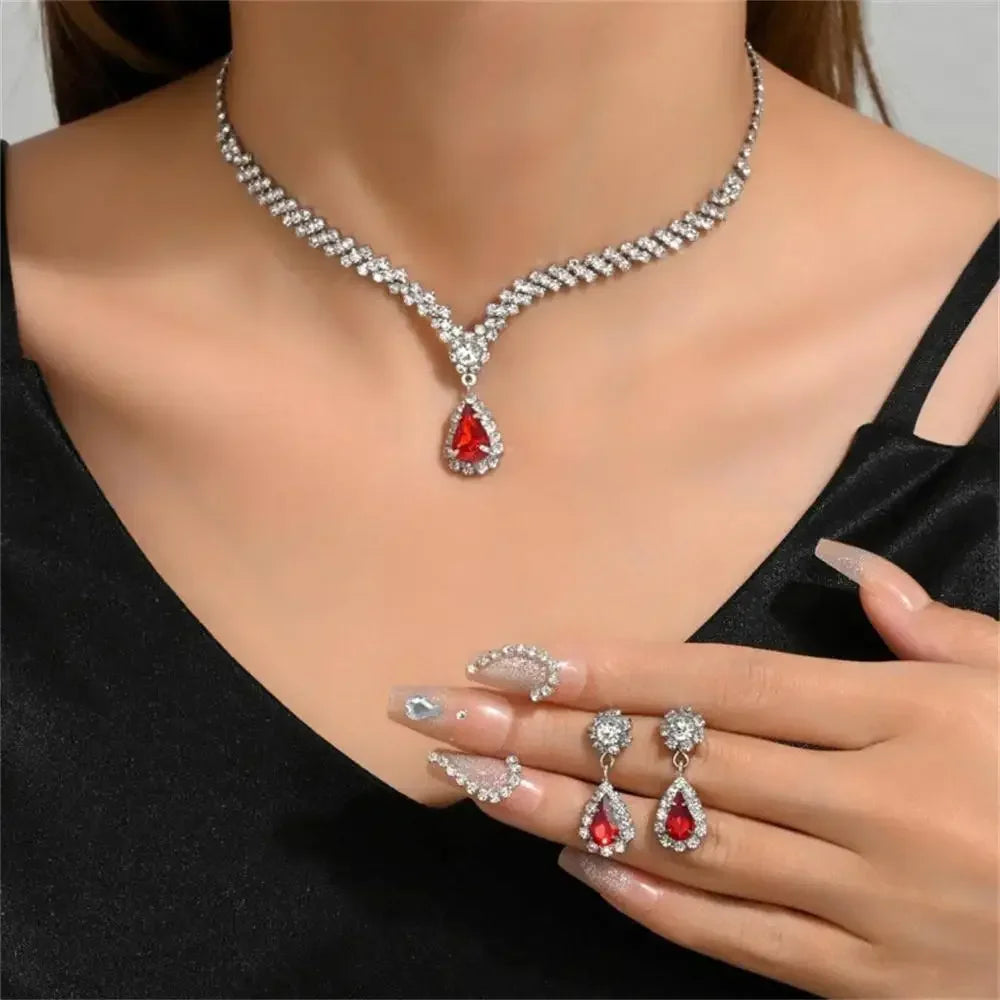 2pcs/set  Women Elegant Waterdrop Rhinestone Pendant Necklace stud Earrings Wedding Dress Bridal Jewelry Set