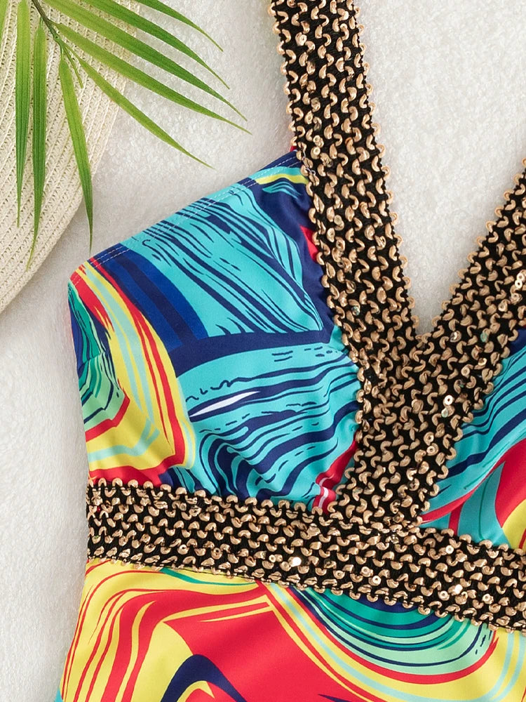 2025 Sexy Print Strapped Swimwear Women Push UP One Piece Swimsuit