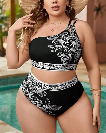 2025 Print One-shoulder Two Piece Plus Size Bikini Women High Waist