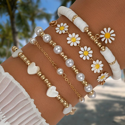 4pcs Vintage Daisy Flower Pendant Faux Pearl Bracelet