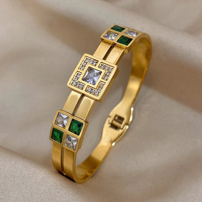 Luxury Royal Emerald Green White Zircon Stainless Steel