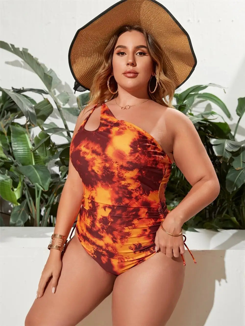 2025 Print One-shoulder Plus Size Swimwear Women Hollow Push Up Large One Piece