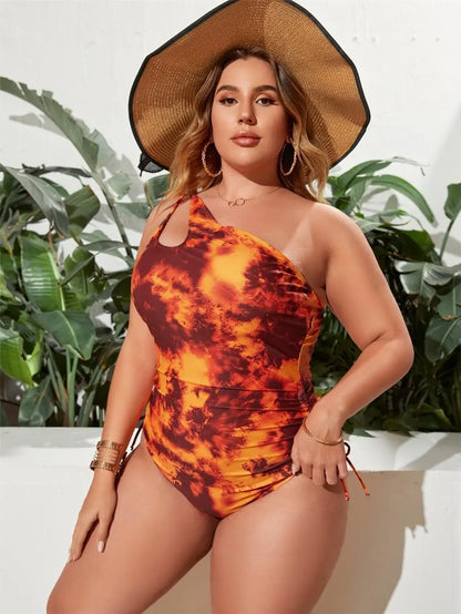 2025 Print One-shoulder Plus Size Swimwear Women Hollow Push Up Large One Piece