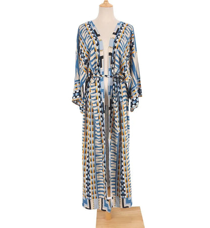 Beach Cover Up Over Sized Print Rayon Kimonos with Belt for Summer