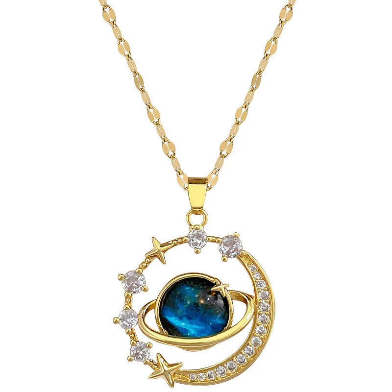 Luxury Inlaid Zircon Planet Moon Pendant Necklace For Women Titanium Steel