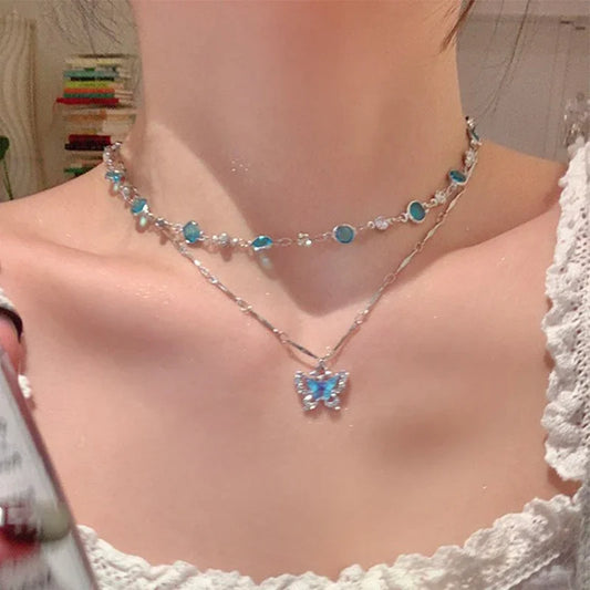 Romantic Blue Crystal Butterfly Necklace for Women Girls Simple Shiny Zircon Bilayer Choker