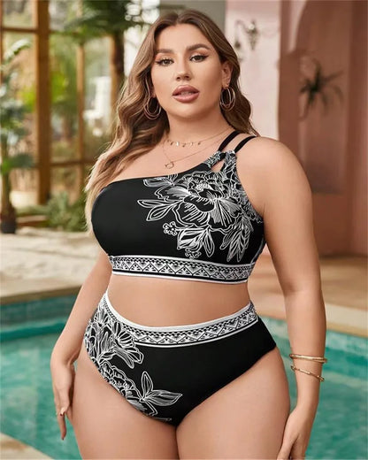 2025 Print One-shoulder Two Piece Plus Size Bikini Women High Waist