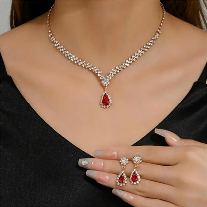 2pcs/set  Women Elegant Waterdrop Rhinestone Pendant Necklace stud Earrings Wedding Dress Bridal Jewelry Set